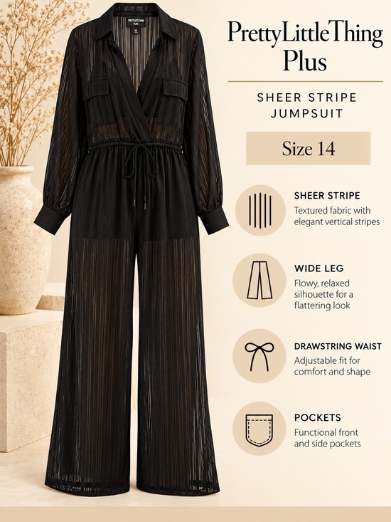 PrettyLittleThing Pants - PrettyLittleThing Plus Jumpsuit Black Sheer Stripe Wide Leg Glam US 14